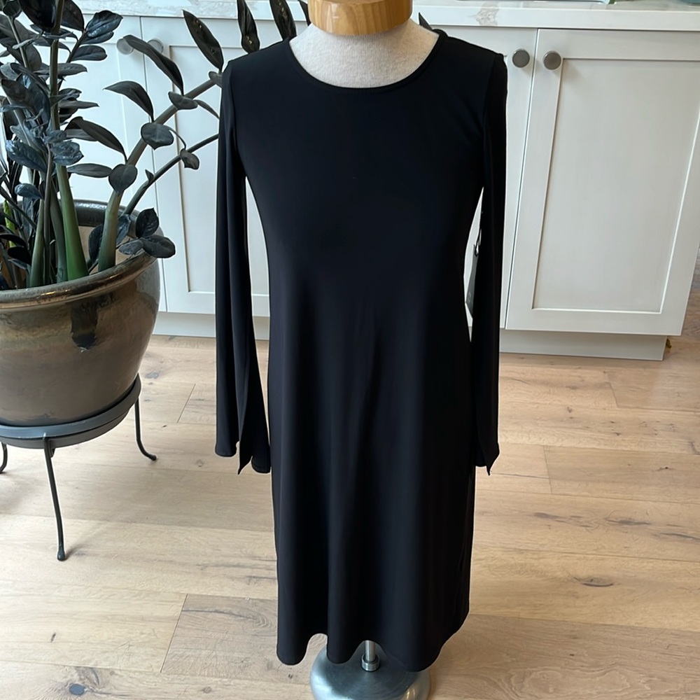 NWT Compli K black spandex blend long split bell sleeve knee length dress